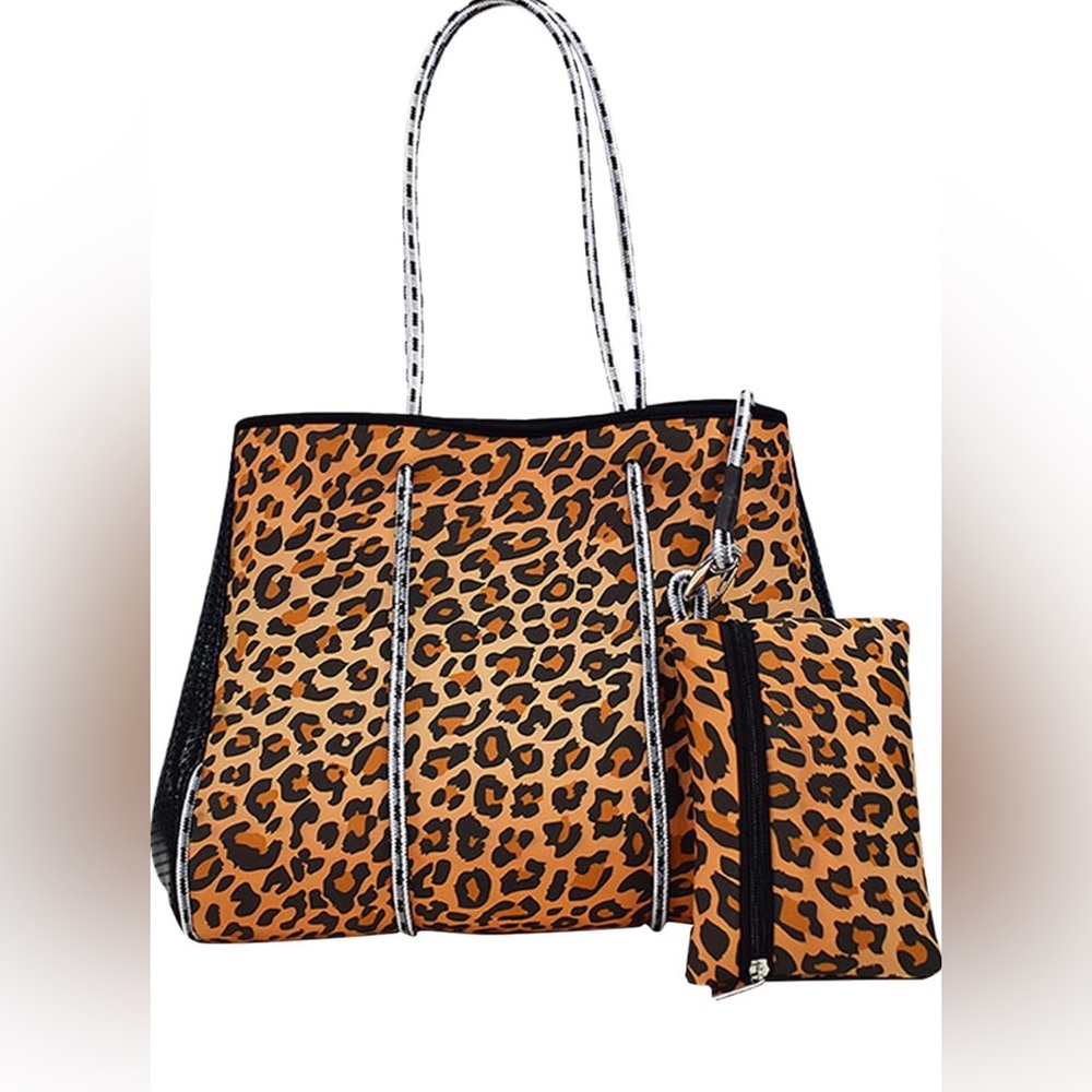 Leopard Print Tote Bag with Matching Pouch - Brown Beach Bag or everyday